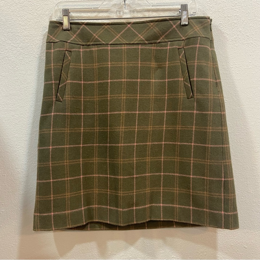Talbots Skirt Womens 8 Petite‎ Wool Blend Plaid Green Tan Academia Mini